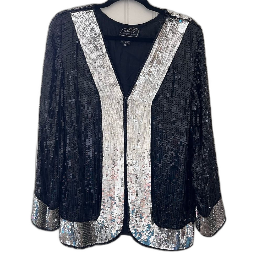 JLB Full Sequin Cardigan Silk Lined Black Silver Size Medium Evening vintage